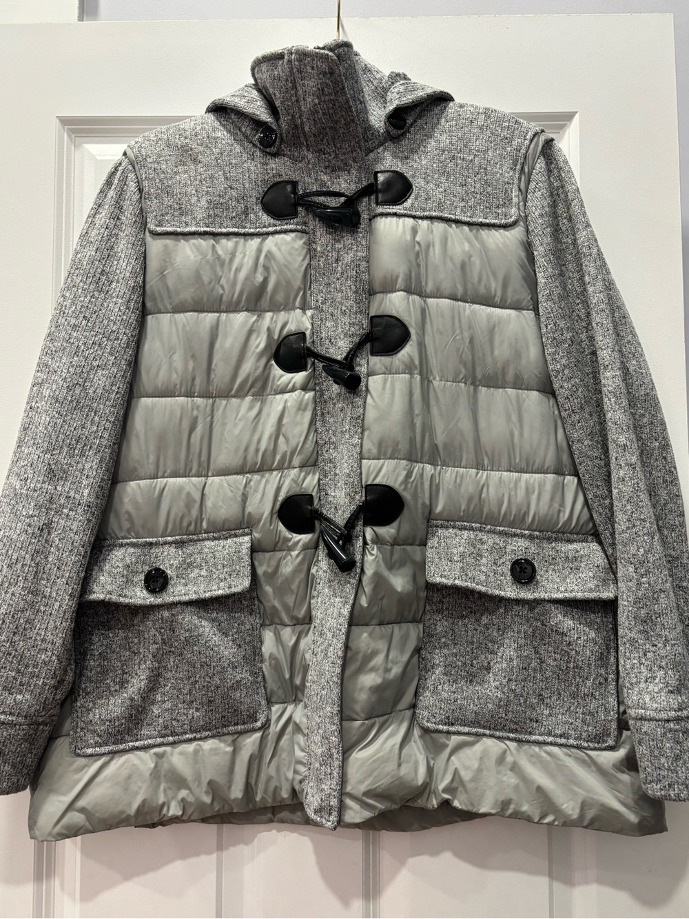 Lands' End Gray Quilted & Knit Hooded Toggle Coat